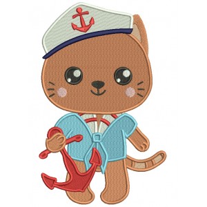 Little Boy Kitten Saylor With Anchor Filled Machine Embroidery Design Digitized Pattern